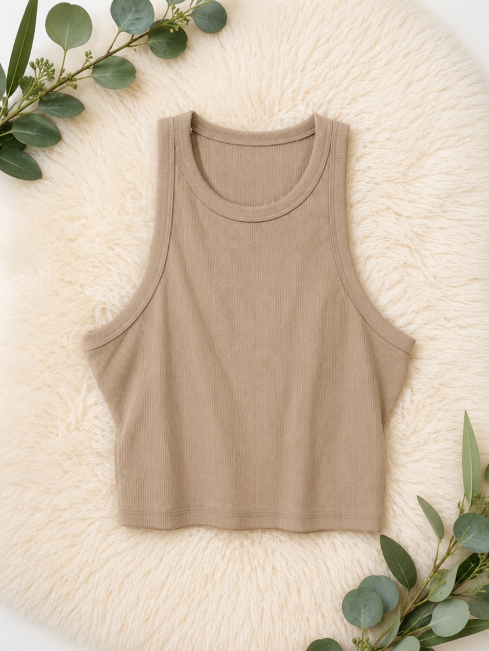 Beige Ribbed Tank Top - Women's Sleeveless Crop
